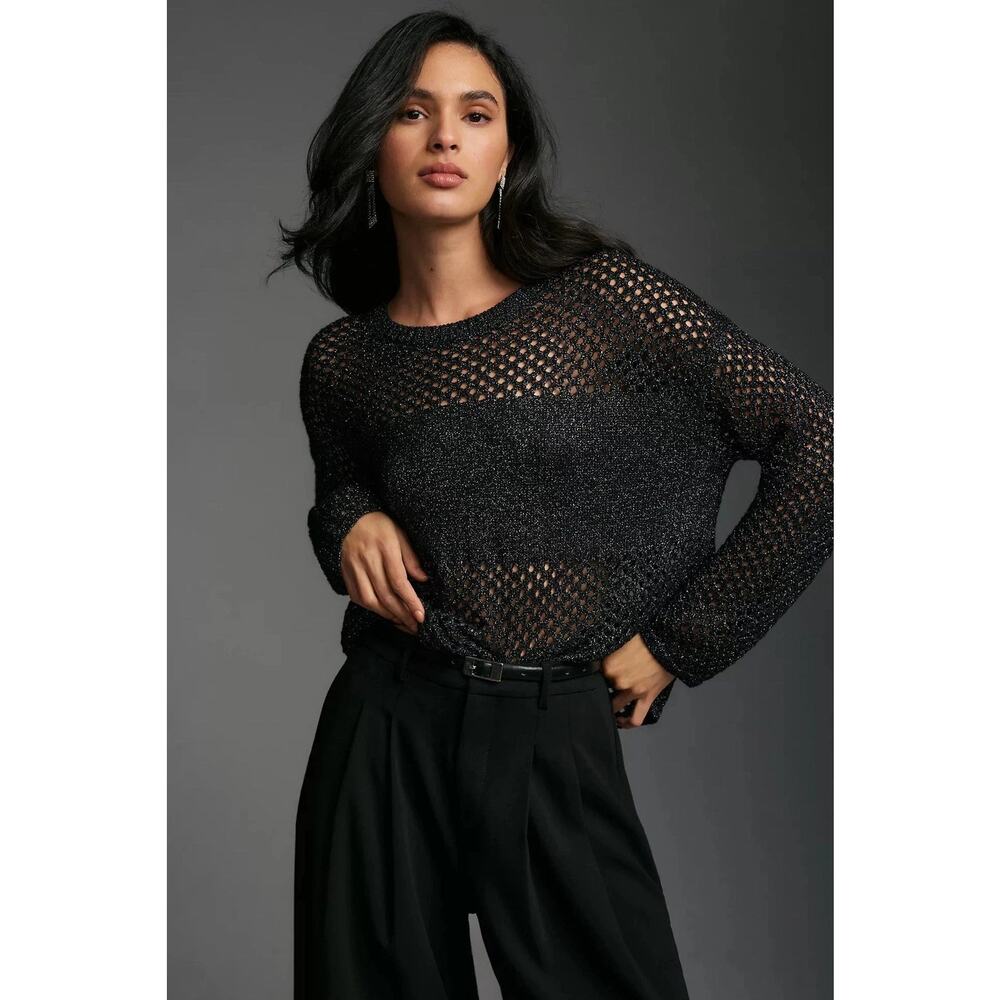 Anthropologie Pilcro Sweater Womens Extra Small Black Metallic Open Knit Party